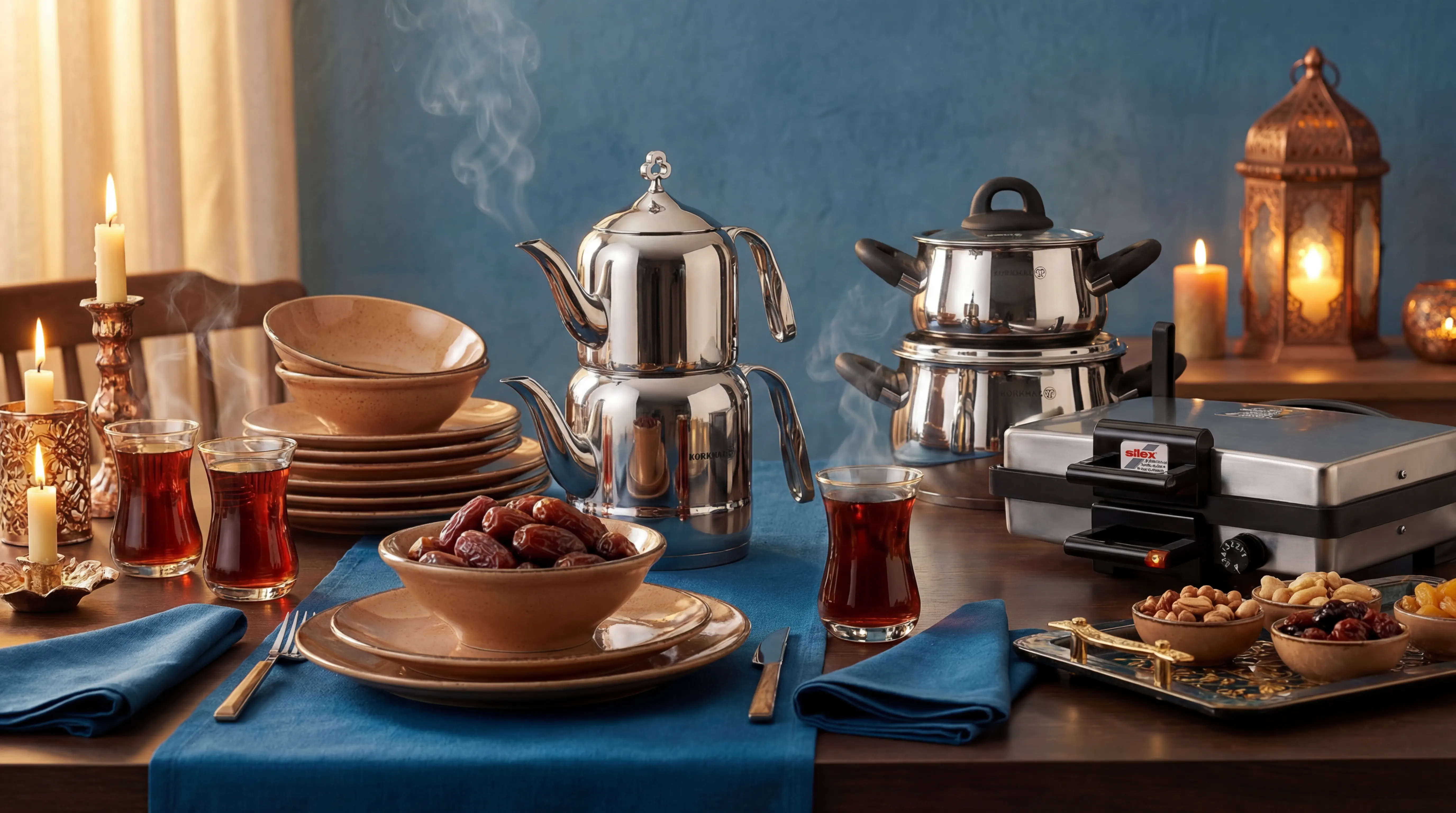 Ramadan 2026 - Festlich gedeckter Iftar-Tisch mit Teekannen, Kochtöpfen und Geschirr