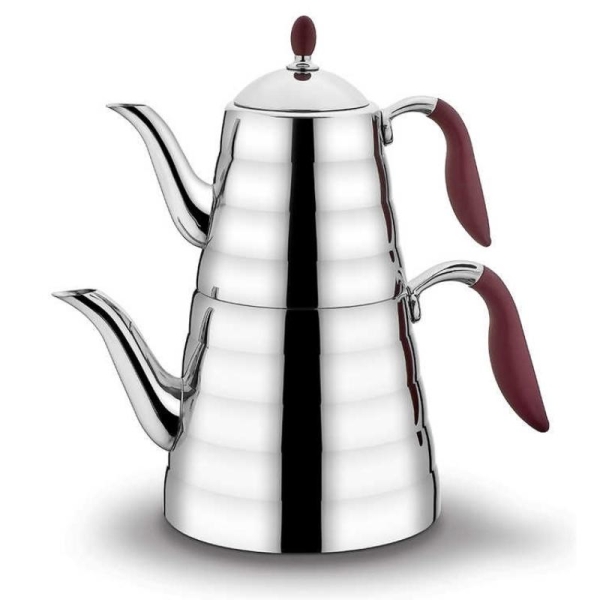 Korkmaz Türkische Teekanne Edelstahl induktionsgeeignet zweiteilig für türkischen Cay Viva Bordo