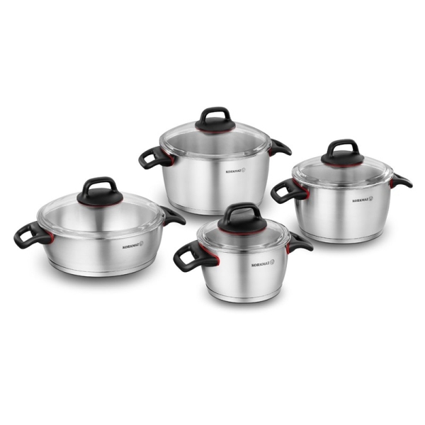 Korkmaz Gusto 8teiliges Topfset Induktion KochgeschirrSet Edelstahl induktionsgeeignet mit Glasdeckel A1047