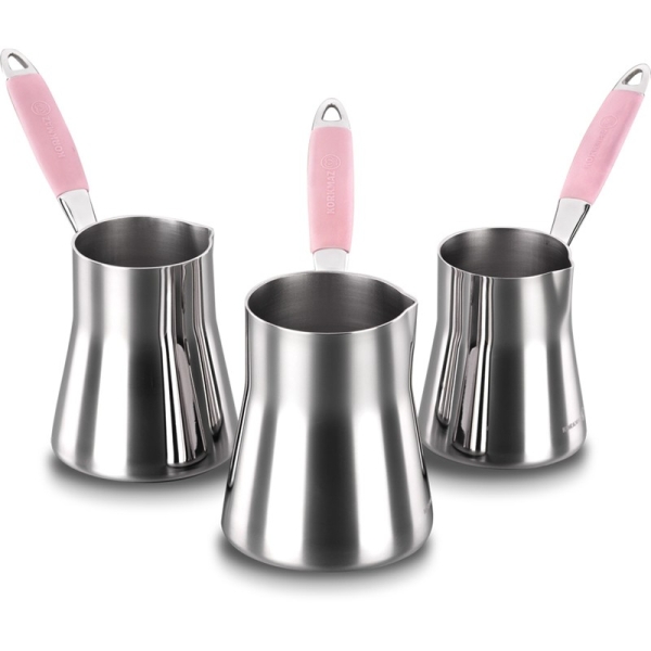 Korkmaz Coffee Pot Set Pink Cezve Takimi aus Edelstahl Induktionsgeeignet Flora
