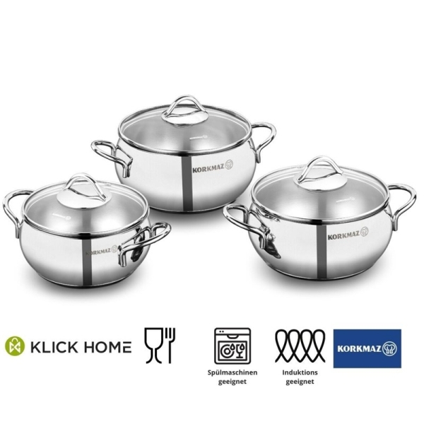 Korkmaz Tombik Jr 6teiliges Topfset Induktion KochgeschirrSet Edelstahl induktionsgeeignet mit Glasdeckel A1801
