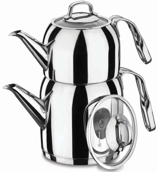 Korkmaz Türkische Teekanne Edelstahl induktionsgeeignet zwei teilig für Türkischen Cay Steama