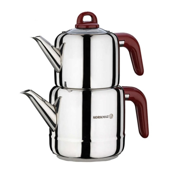 Korkmaz Türkische Teekanne Edelstahl induktionsgeeignet zwei teilig für Türkischen Cay Hera