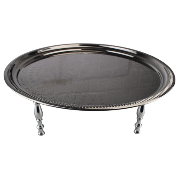 Serviertablett rund mit Fuss Metall Tablett orientalisch Dekotablett Sofra Silber 60 cm