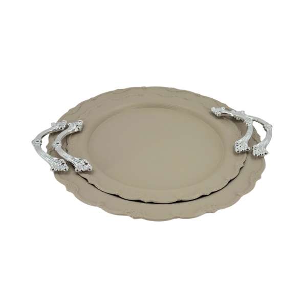 Serviertablett Set Rund Metall mit Griffen Vintage Design Taupe