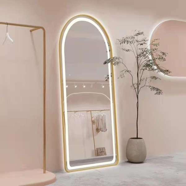 Design Ganzkörperspiegel mit LED Beleuchtung 50x160 cm Gold archförmig zum Hängen oder Stellen Akkaya