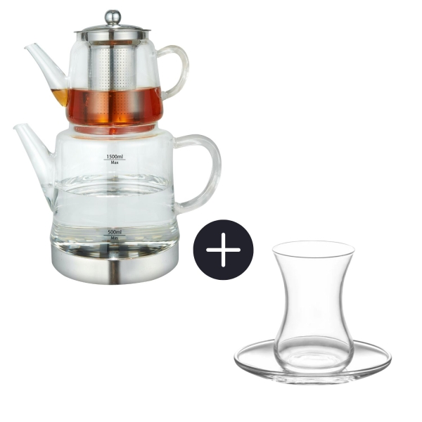 Weissberg Caydanlik Glasteekanne Induktionsgeeignet im Set mit 6 Teegläsern Sets LAV Demet