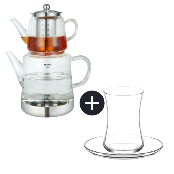 Weissberg Caydanlik Glasteekanne Induktionsgeeignet im Set mit 6 Teegläsern Sets LAV Duru