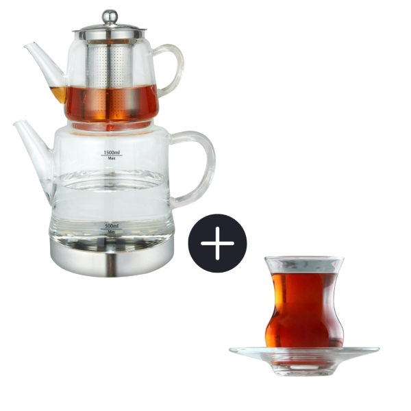 Weissberg Caydanlik Glasteekanne Induktionsgeeignet im Set mit 6 Teegläsern Sets LAV Ayda