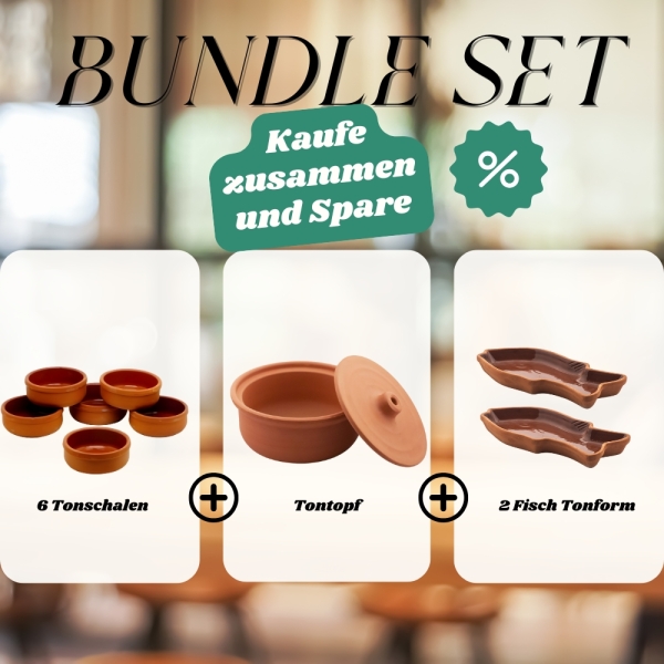 Ton Bundle Set – 6 Tonschalen + 1 Tontopf + 2 Fischformen – Backofenfest & Natürlich