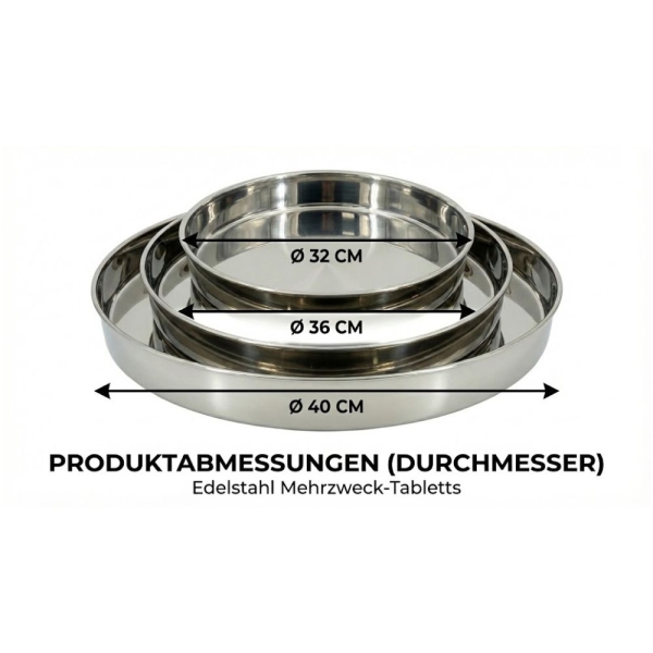 Easy Edelstahl Tablett Set 3 teilig für Servieren und Präsentieren 32cm 36cm 40cm