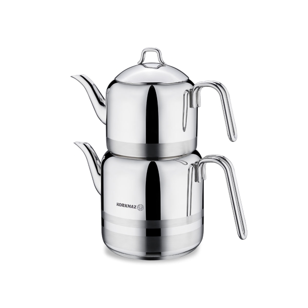 Korkmaz Mega Teekannen-Set Edelstahl – Türkische Teekanne Çaydanlık 1,3 / 3,0 l, induktionsgeeignet