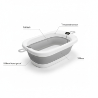 Babybadewanne faltbar mit Temperatursensor, Silikon/Kunststoff, Weiß/Grau