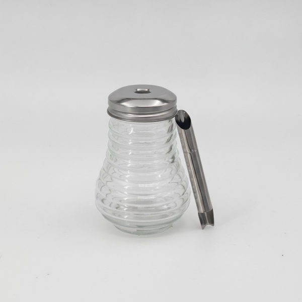 Zuckerstreuer Glas gerippt, Edelstahldeckel, Ausgießlöffel, transparent