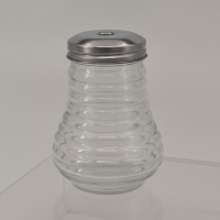 Zuckerstreuer Glas gerippt, Edelstahldeckel, Ausgießlöffel, transparent