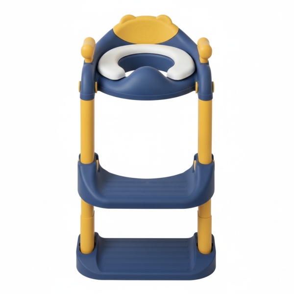 Toilettentrainer Kinder mit Treppe, Sitzaufsatz und Haltegriffen, Kunststoff, Blau-Gelb-Weiß