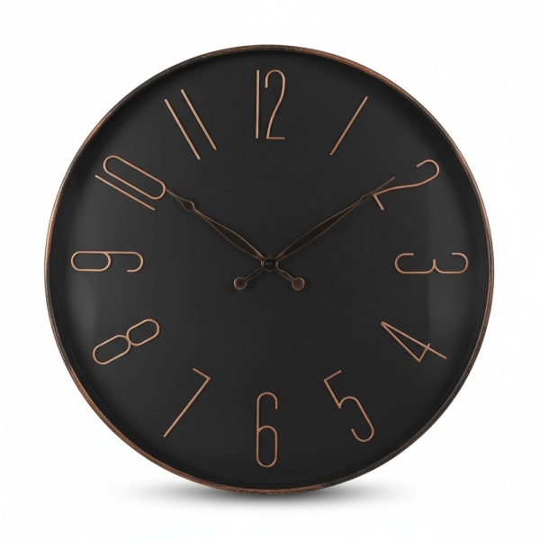 Wanduhr groß 50 cm Metall Glas Schwarz-Kupferfarben, Quarzwerk akkaya