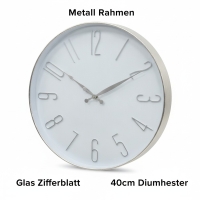 Wanduhr rund Silber, 40 cm Durchmesser, Metall Glas, 3D-Ziffern