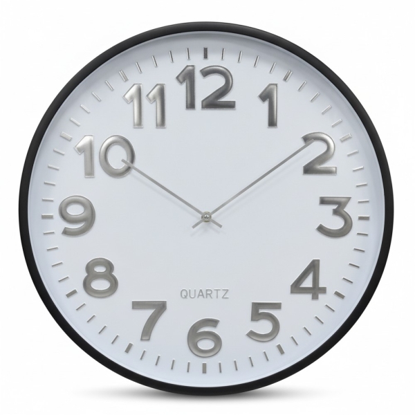 Wanduhr Quarzwerk, Silber Ziffern, Schwarz-Weiß, Kunststoff-Metall, für Wohnbereich und Büro