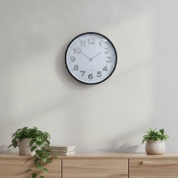 Wanduhr Quarzwerk, Silber Ziffern, Schwarz-Weiß, Kunststoff-Metall, für Wohnbereich und Büro