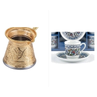 KayaHome Kupfer Cezve No 6 Gold 350 ml Mokka-Set mit 6 Moccatassen