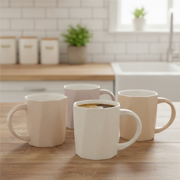 Kaffeebecher 4er-Set aus Keramik, 325 ml, achteckig, gesprenkelt in Pastellfarben, Akkaya