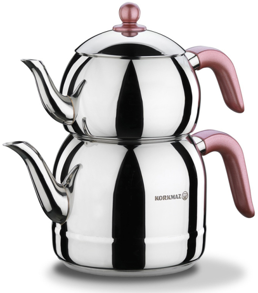 Korkmaz Türkische Teekanne Edelstahl induktionsgeeignet doppel für Türkischen Cay Retro Rose