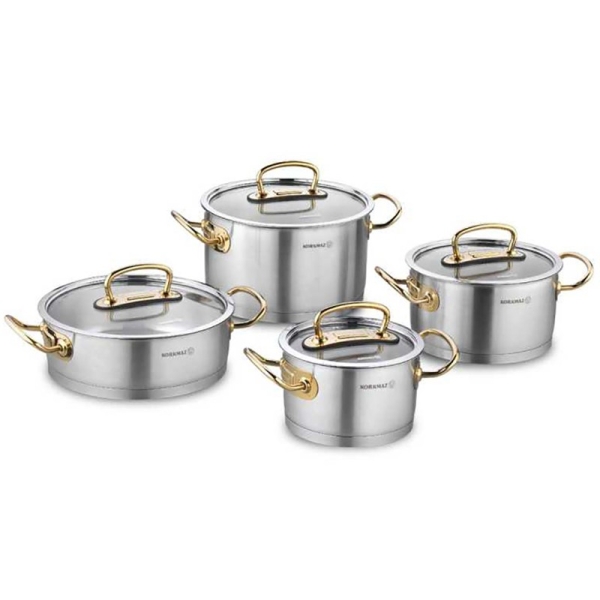 Korkmaz ProLine 8teiliges Topfset Induktion KochgeschirrSet Edelstahl induktionsgeeignet mit Glasdeckel Gold A1148