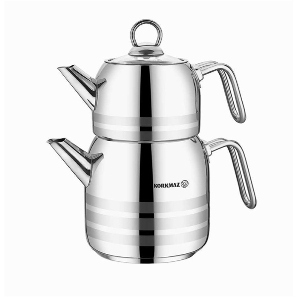 Korkmaz Türkische Teekanne Edelstahl induktionsgeeignet zweiteilig für Türkischen Cay Astra