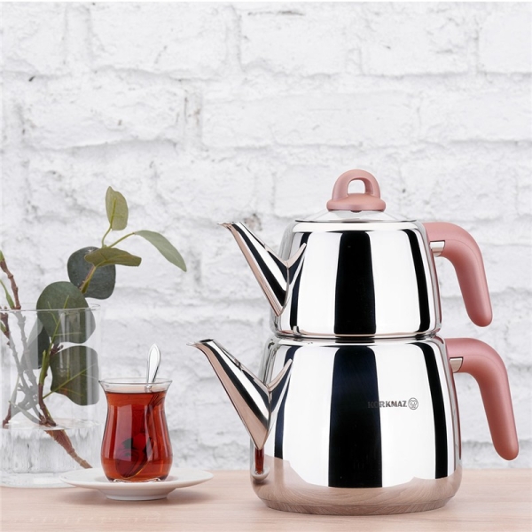 Korkmaz Türkische Teekanne Edelstahl Induktionsgeeignet Zweiteilig für Türkischen Cay Bella Rosegold